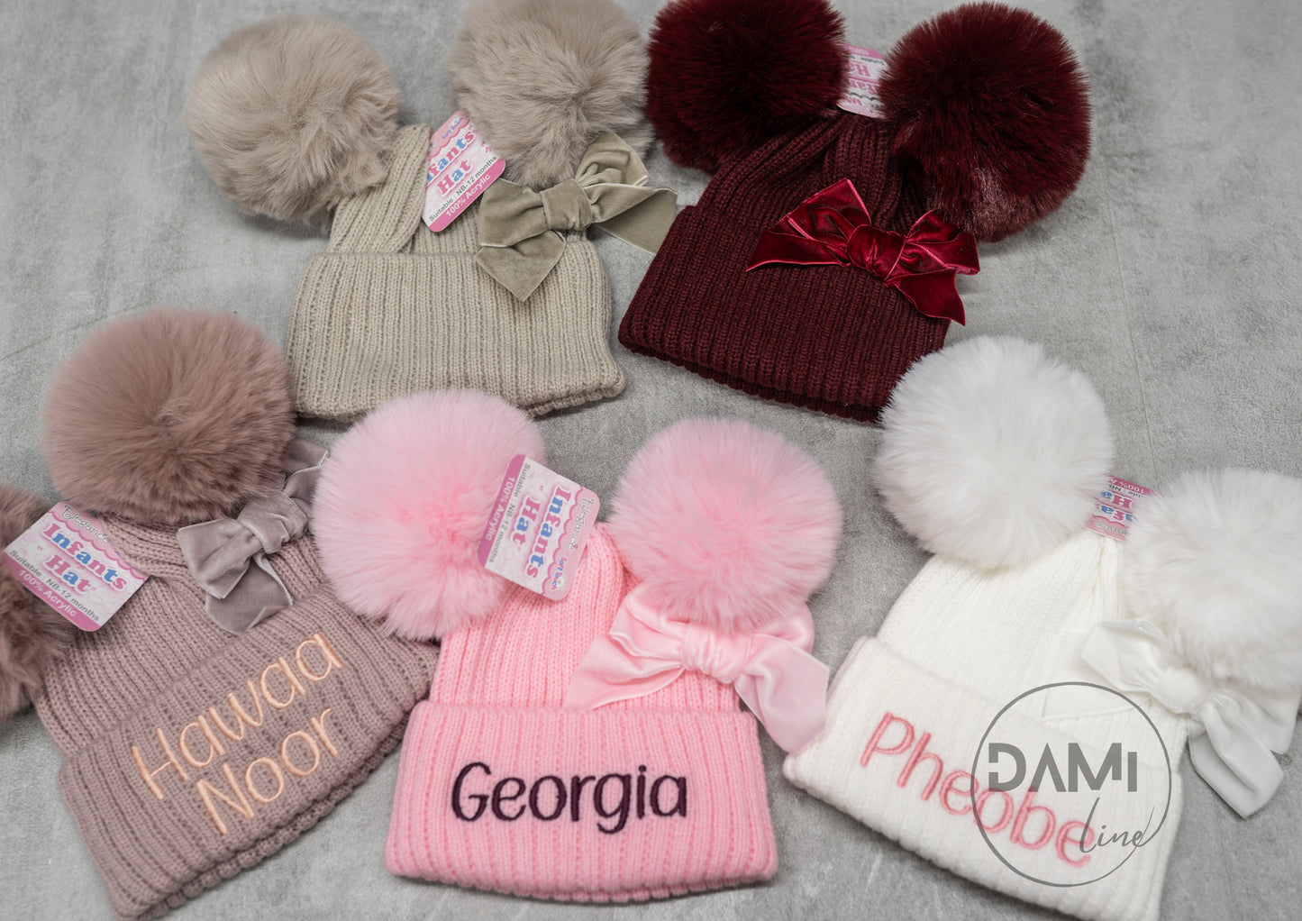 Personalised Ribbed Baby Hat with Pom Poms, Turnover & Velvet Bow