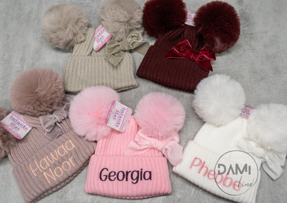 Personalised Ribbed Baby Hat with Pom Poms, Turnover & Velvet Bow (Copy)