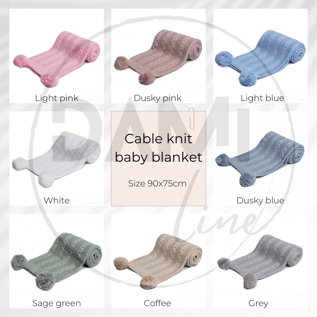 Personalised knitted baby blanket with 2 Pom-poms