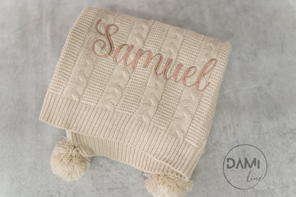 Personalised knitted baby blanket with 2 Pom-poms. Multiple colours available