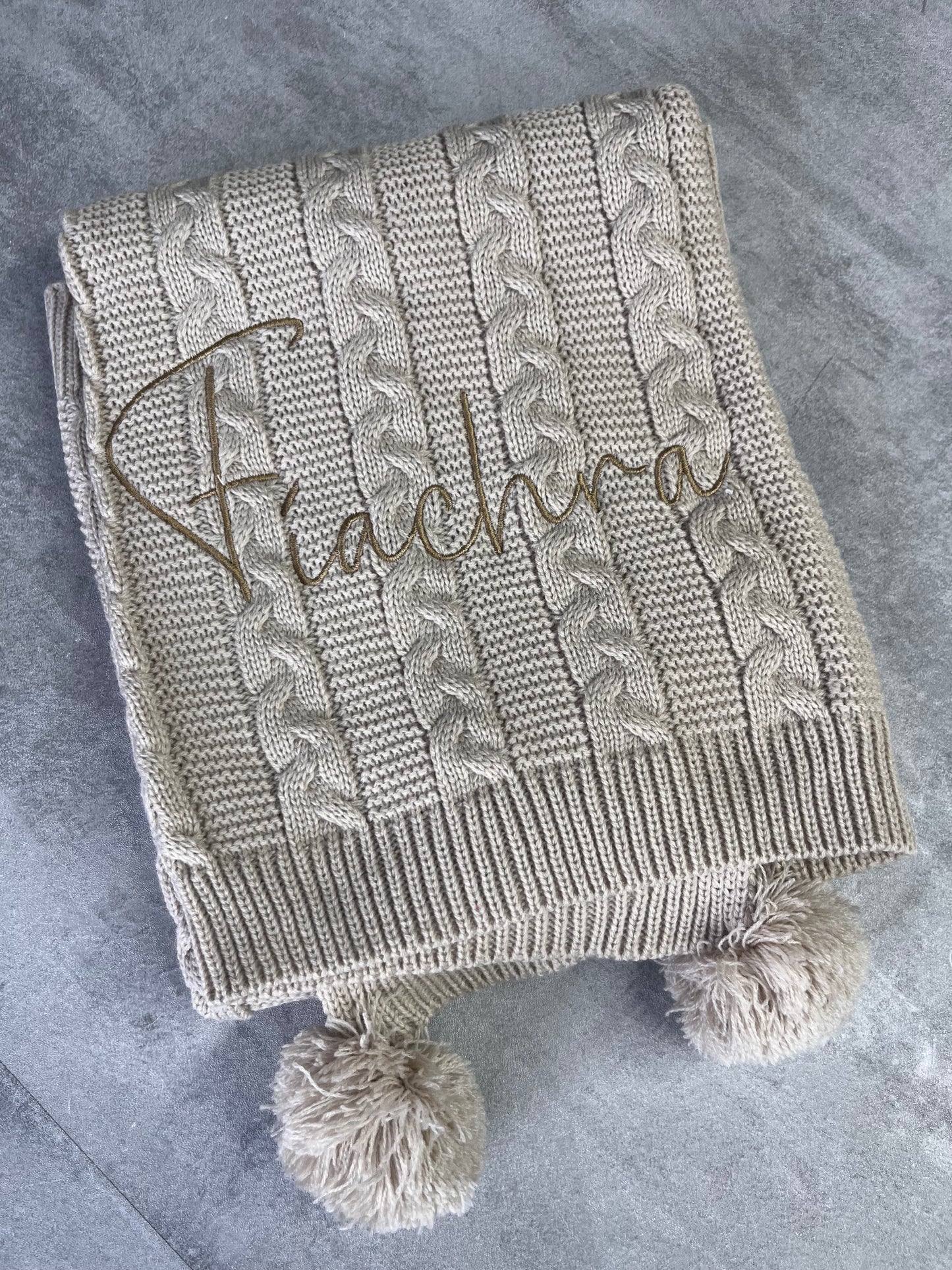 Personalised knitted baby blanket with 2 Pom-poms