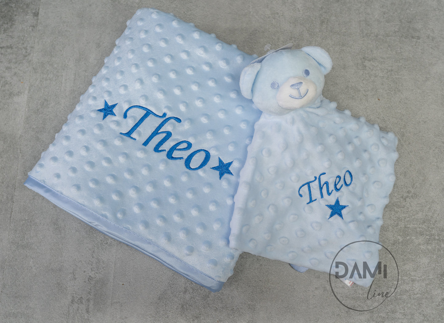 Personalised blue baby blanket and bear comforter gift set for boy