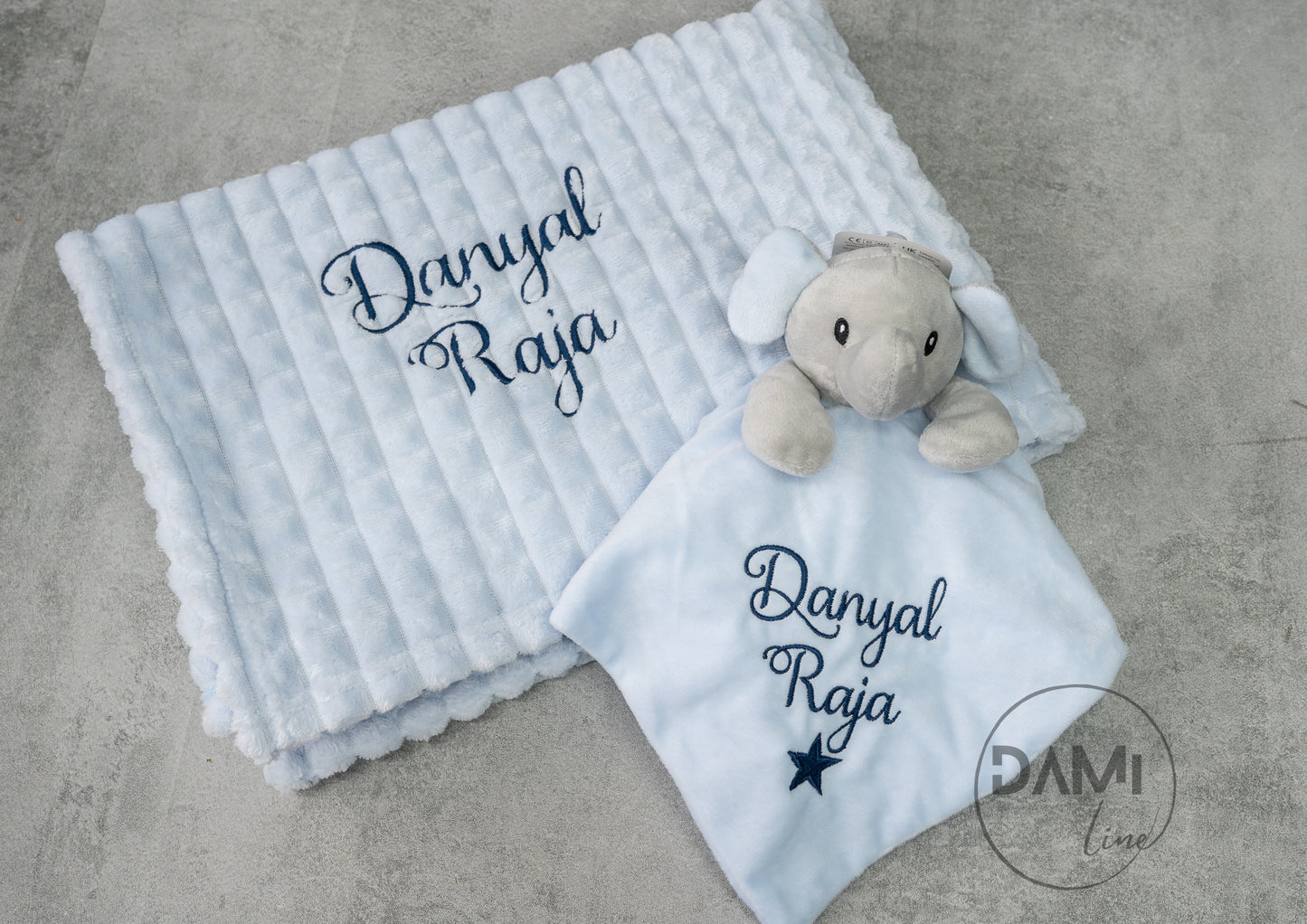 Personalised blue baby blanket and elephant comforter gift set for boy