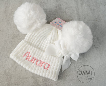Personalised Ribbed Baby Hat with Pom Poms, Turnover & Velvet Bow (Copy)