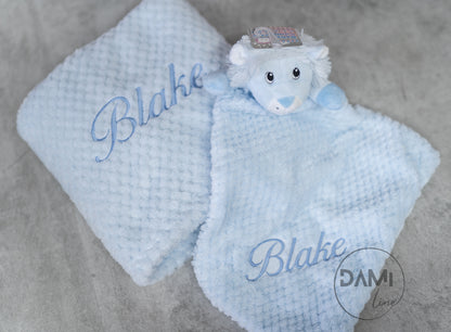 Personalised baby blanket, lion comforter gift set for baby girl or boy