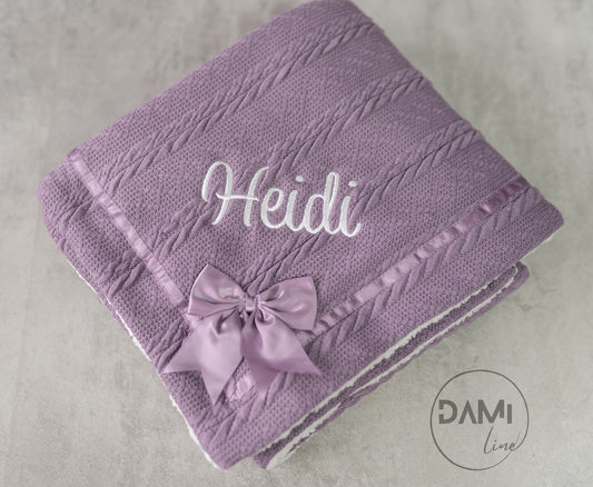 Personalised PURPLE baby knitted blanket with bow