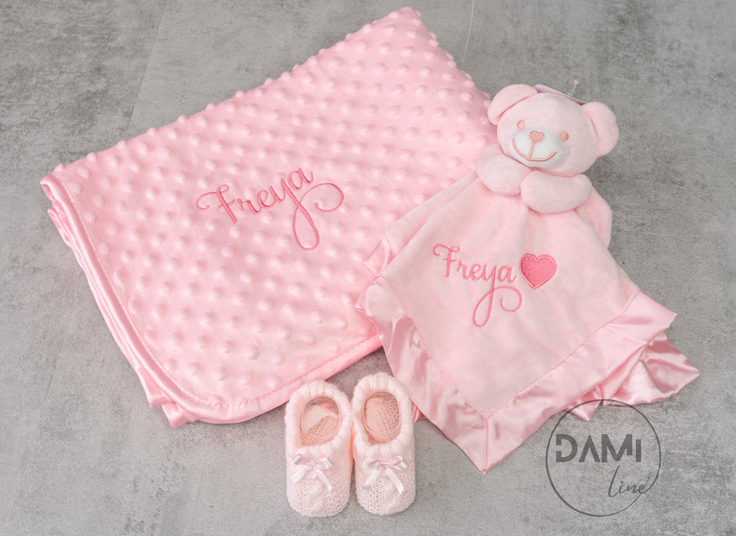 Personalised pink baby blanket, bear comforter and pink booties gift set for baby girl