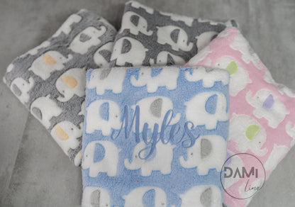 Personalised elephant print baby blanket.