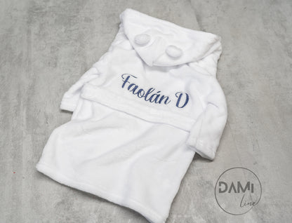 Personalised hooded baby bath robe, baby dressing gown-embroidery on back