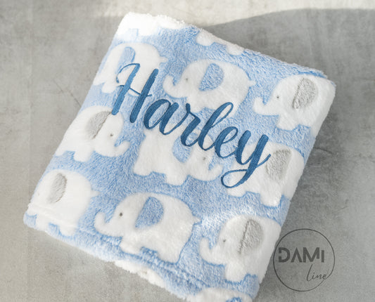 Personalised elephant print baby blanket.