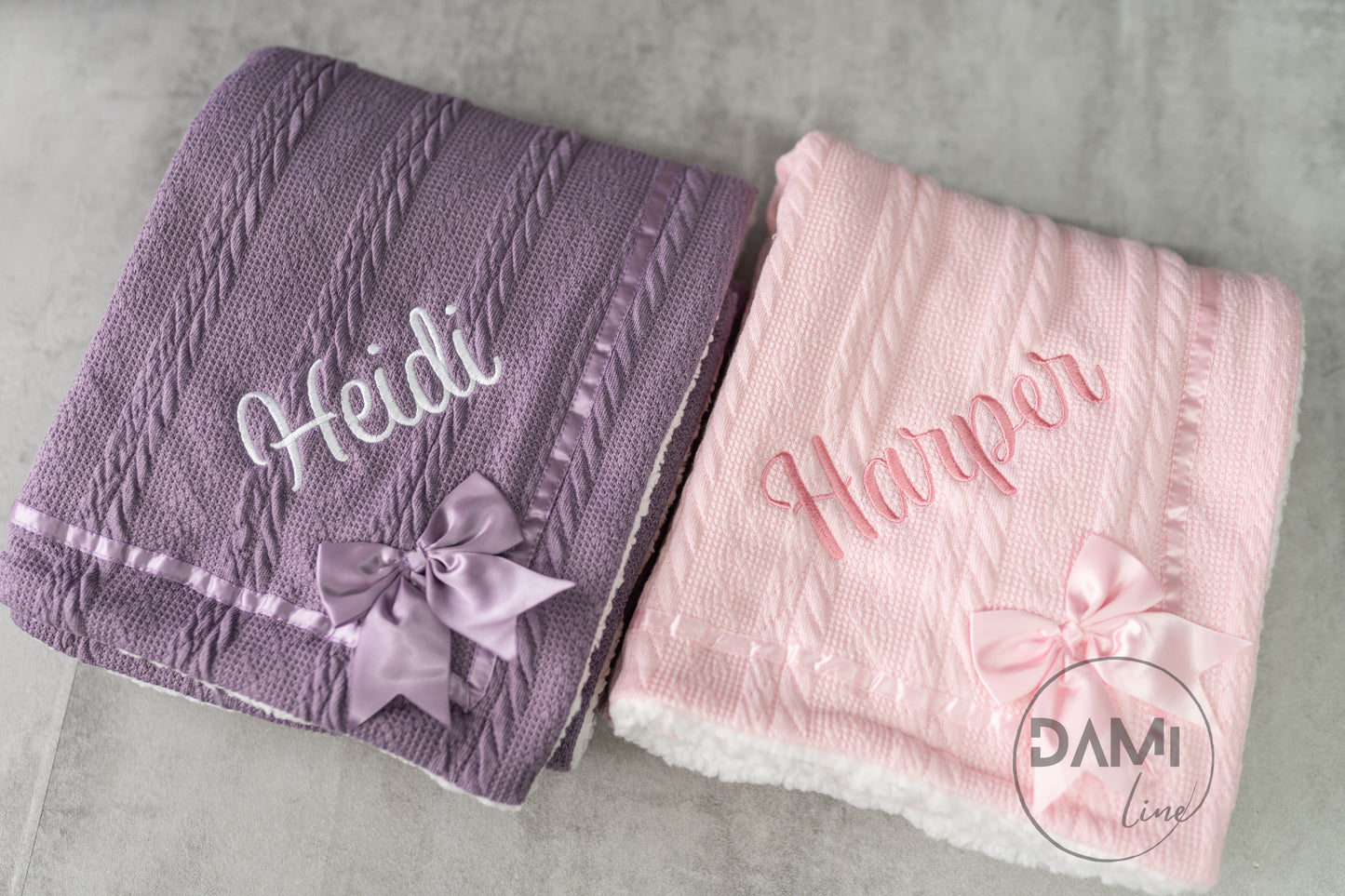 Personalised baby knitted blanket with satin bow and white sherpa back