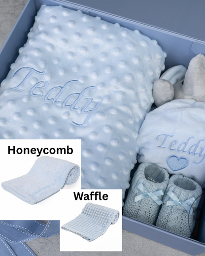Personalised Baby Boy Gift Set – Blue Blanket, Elephant Comforter & Knitted Booties in Magnetic Gift Box