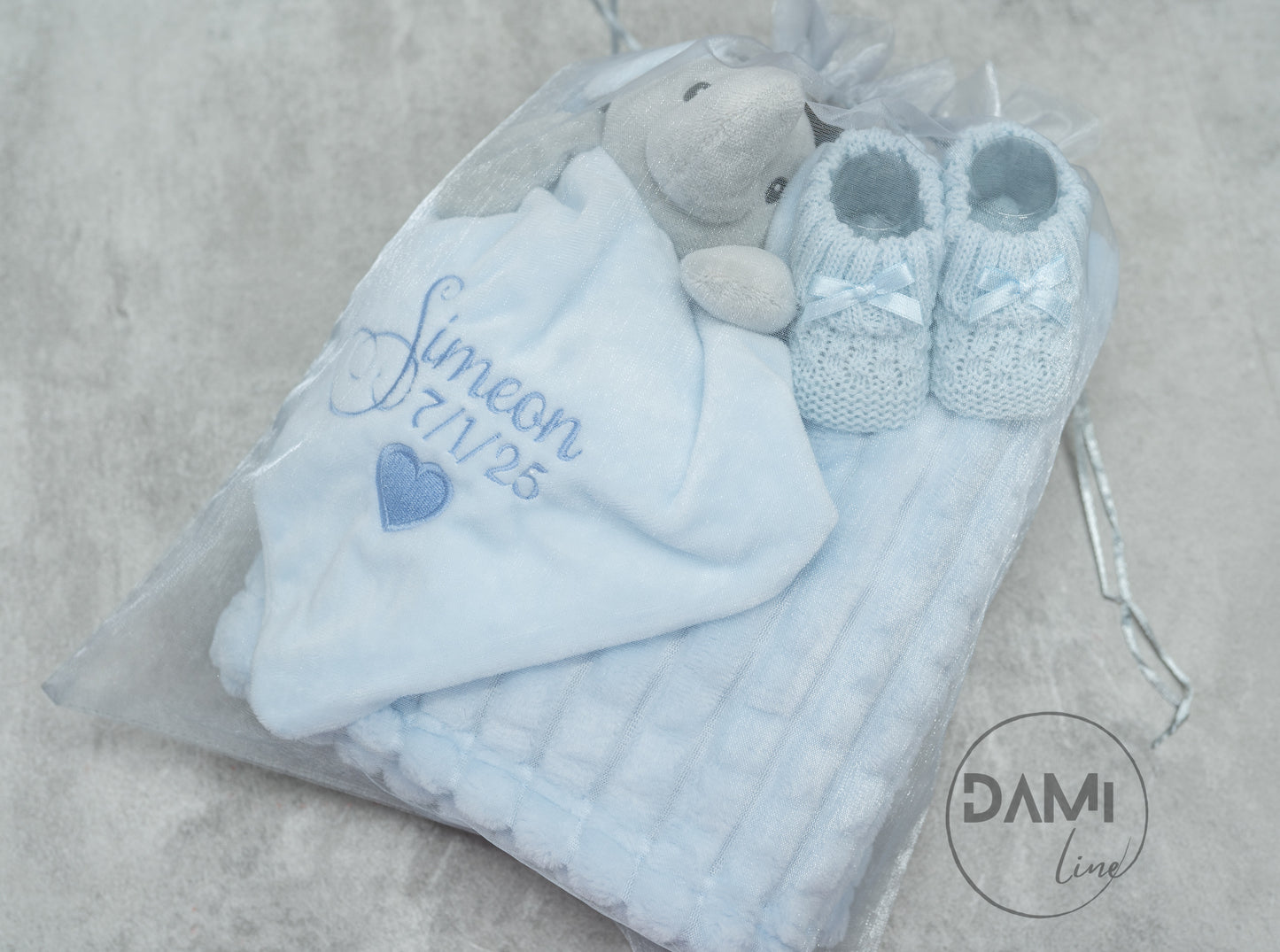 Personalised Baby Boy Gift Set – Blue Blanket, Elephant Comforter & Knitted Booties
