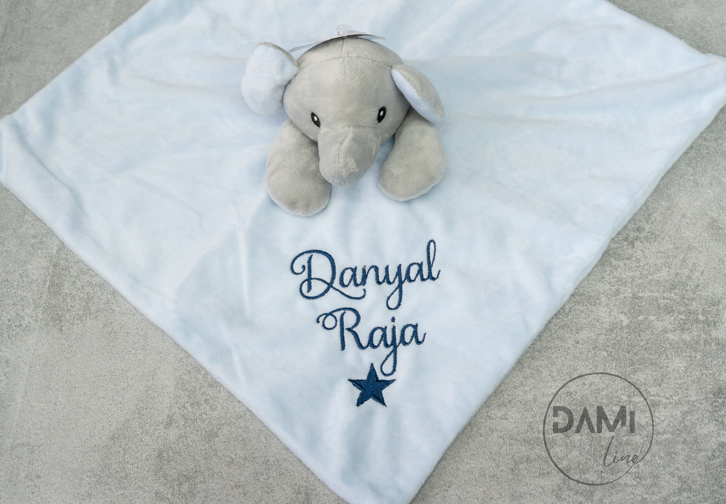 Personalised blue baby blanket and elephant comforter gift set for boy