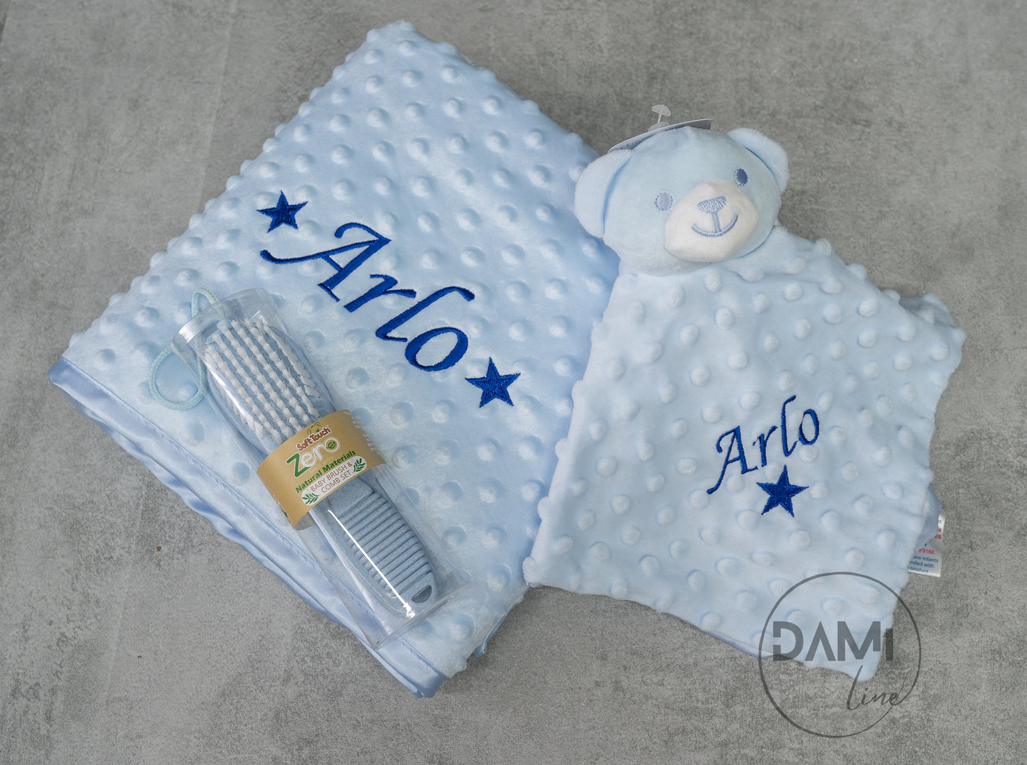 Personalised blue baby blanket, bear comforter and blue brush&comb gift set for boy