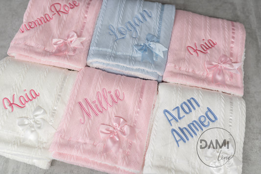 Personalised baby knitted blanket with satin bow and white sherpa back