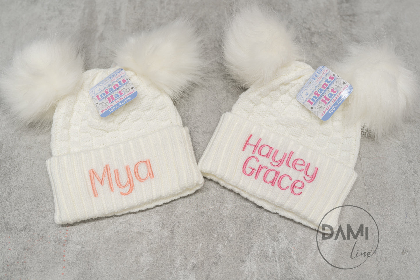 Personalised Checked/Striped Hat with Pom Poms