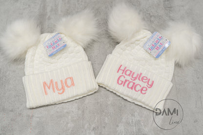 Personalised Checked/Striped Hat with Pom Poms