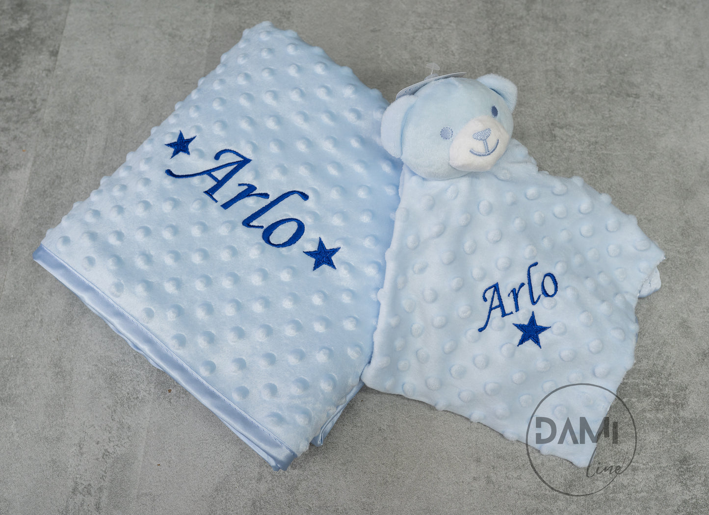 Personalised blue baby blanket and bear comforter gift set for boy