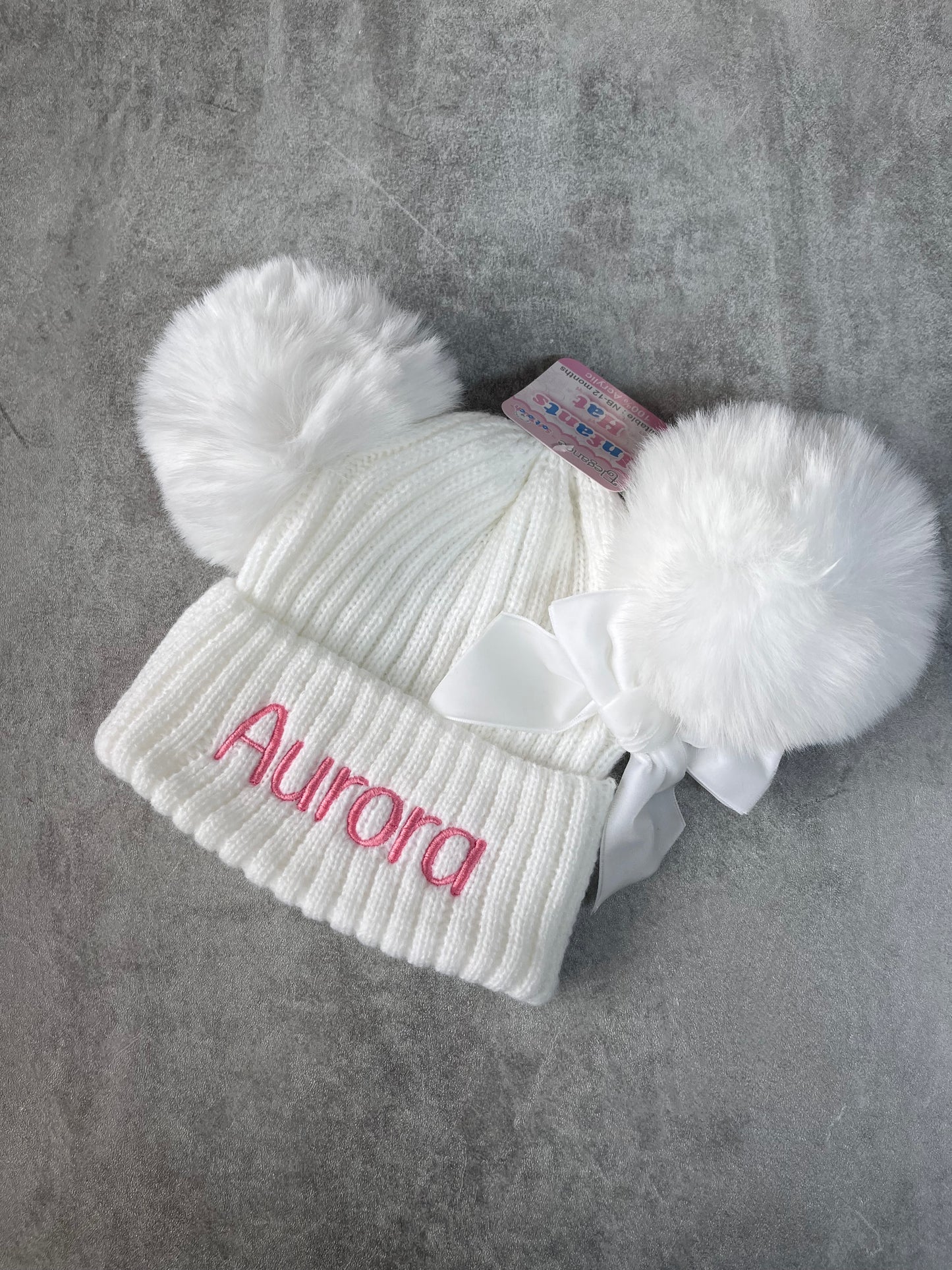 Personalised Ribbed Baby Hat with Pom Poms, Turnover & Velvet Bow