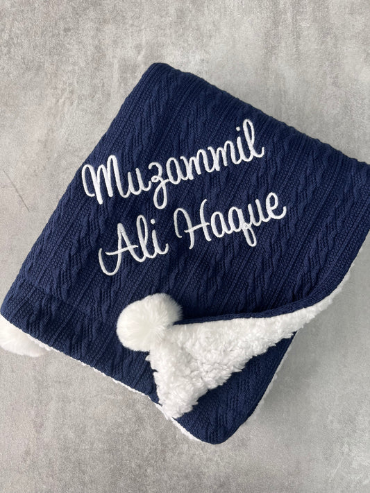 Personalised knitted NAVY baby blanket with sherpa lining and 2 pom-poms.