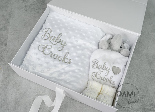 Personalised white baby blanket, elephant comforter and white booties gift set for baby girl or boy | Baby gift set in box