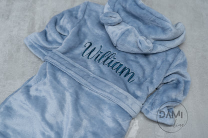 Personalised hooded baby bath robe, baby dressing gown-embroidery on back