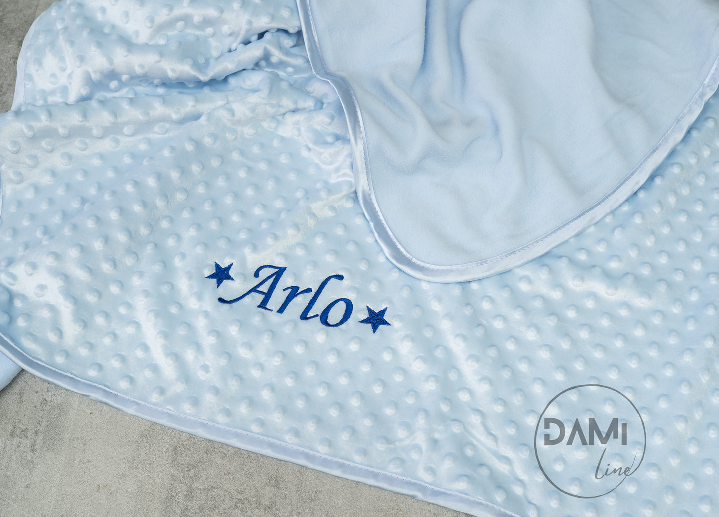 Personalised embroidered baby bubble blanket with fleece back and satin trim | Name + stars