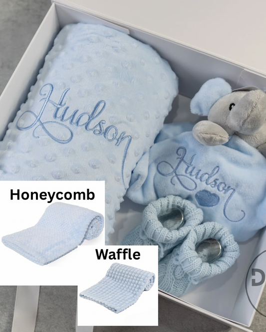 Personalised Baby Boy Gift Set – Blue Blanket, Elephant Comforter & Knitted Booties in Magnetic Gift Box