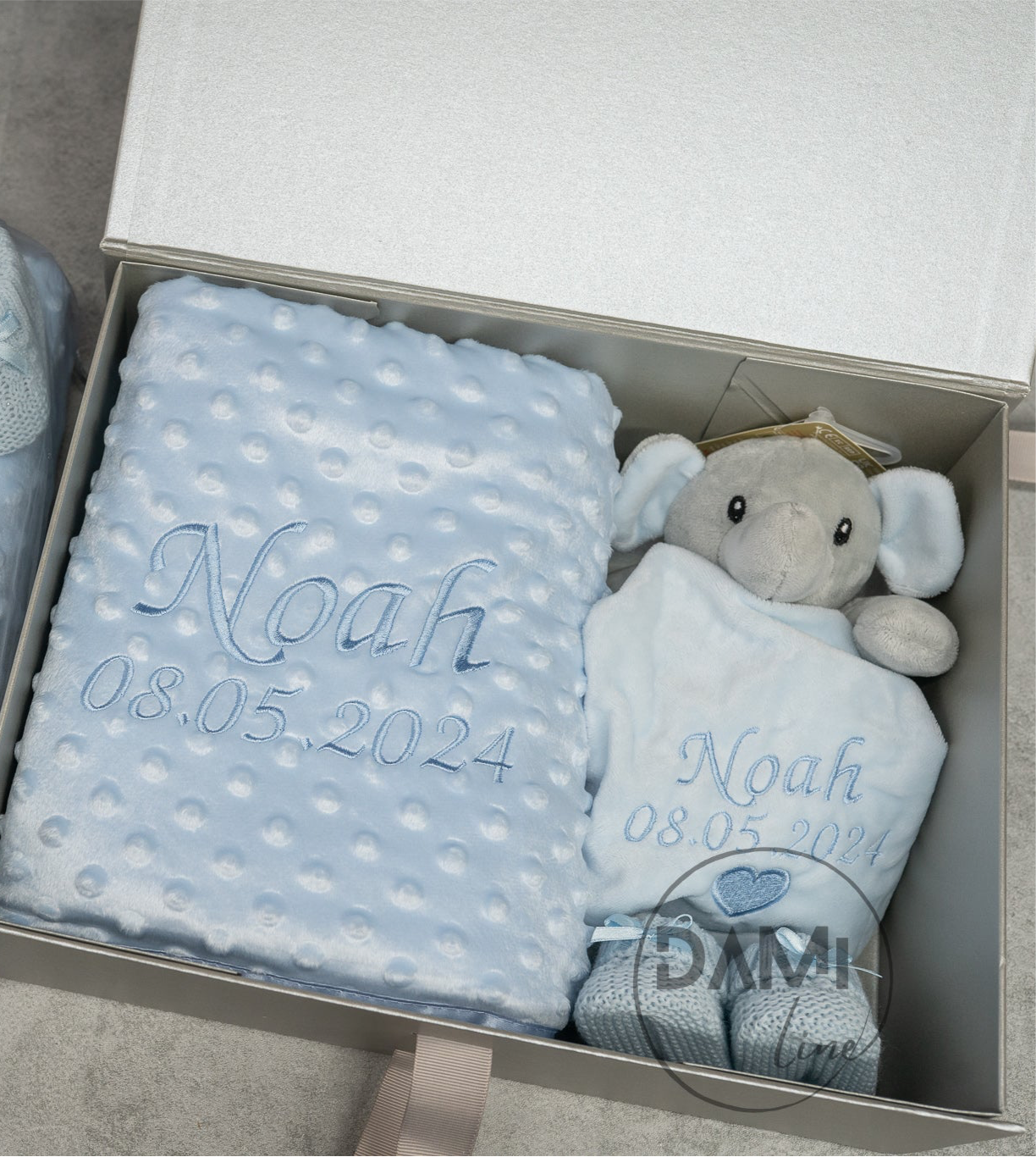 Personalised blue baby blanket, elephant comforter and blue knitted booties gift set for boy | Baby boy gift set in silver magnetic box