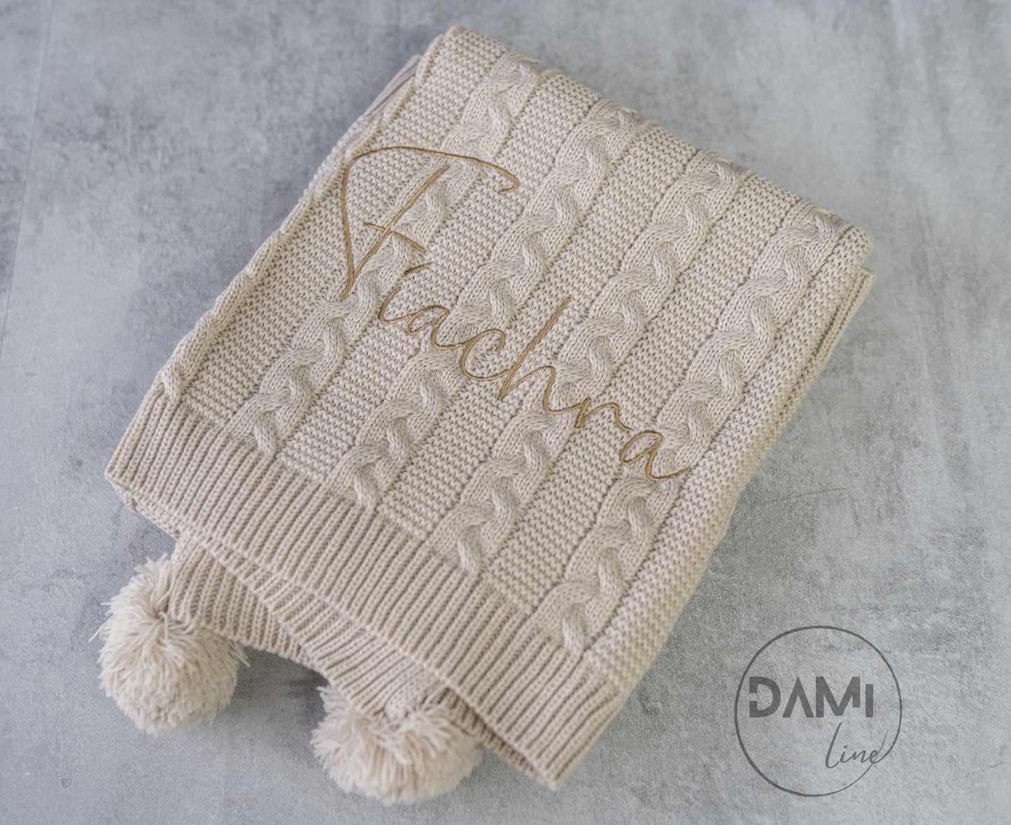 Personalised knitted baby blanket with 2 Pom-poms