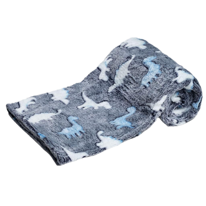 Blue fleece blanket with dinosaur print. Personalised
