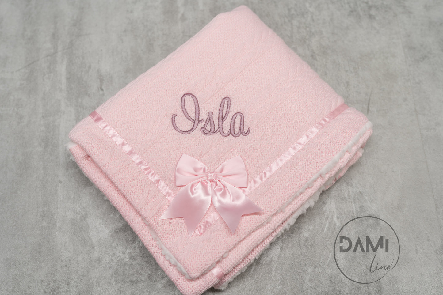 Personalised soft knitted PINK baby girl blanket with sherpa lining