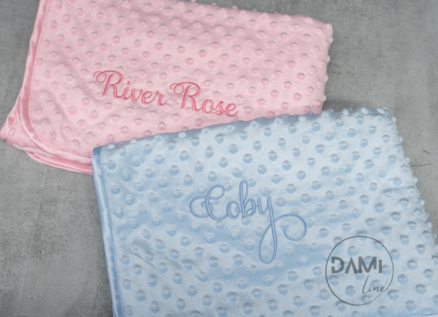 Personalised embroidered baby bubble blanket with fleece back and satin trim