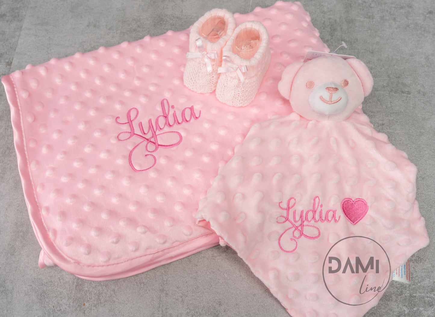 Personalised pink baby blanket, bear comforter and pink booties gift set for baby girl