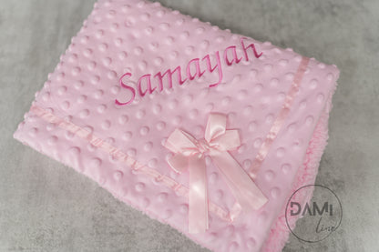 Personalised bubble blanket with satin bow and sherpa back. Multiple colours available.