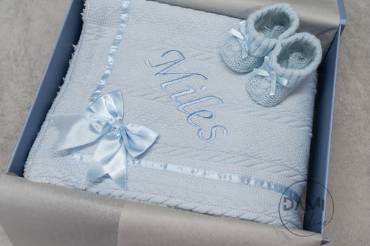 Personalised light blue baby knitted blanket and blue knitted booties gift set