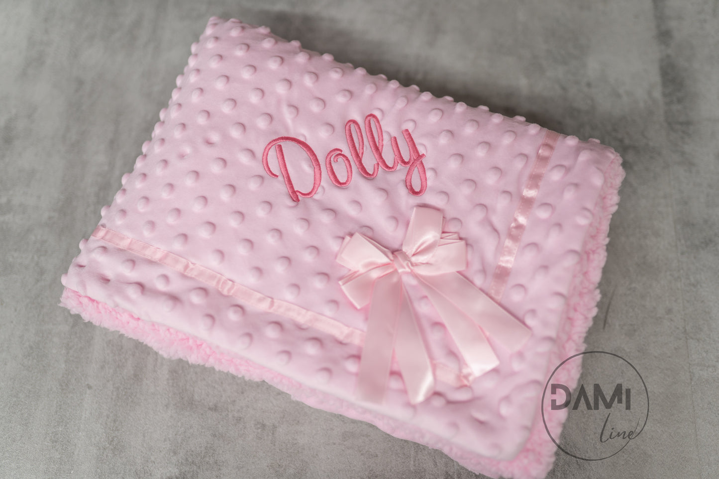 Personalised bubble blanket with satin bow and sherpa back. Multiple colours available.