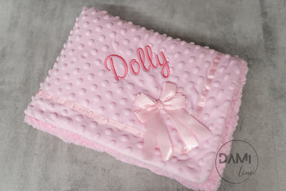 Personalised bubble blanket with satin bow and sherpa back. Multiple colours available.