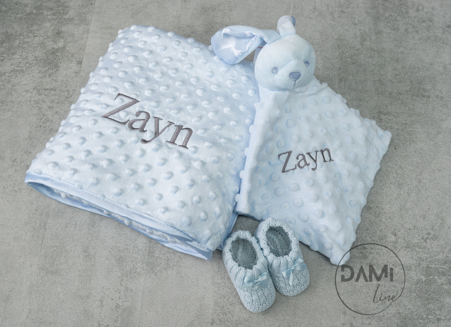 Personalised blue baby blanket, bunny comforter and blue knitted booties gift set for boy | Baby boy gift set in magnetic box