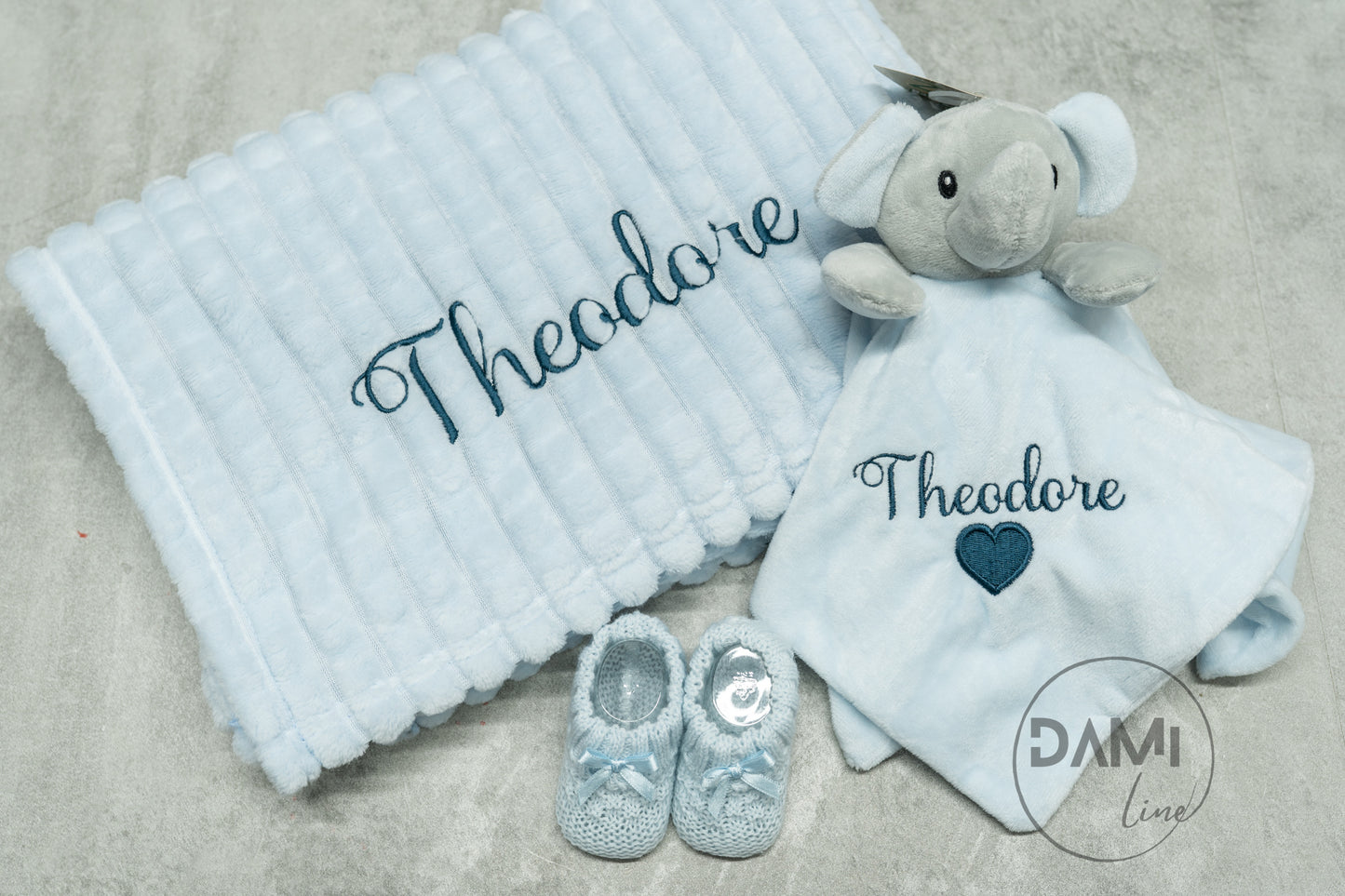 Personalised Baby Boy Gift Set – Blue Blanket, Elephant Comforter & Knitted Booties