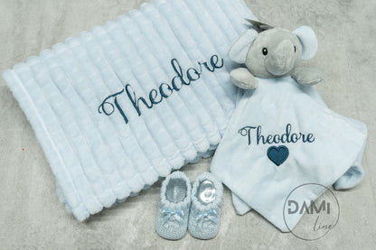 Personalised Baby Boy Gift Set – Blue Blanket, Elephant Comforter & Knitted Booties