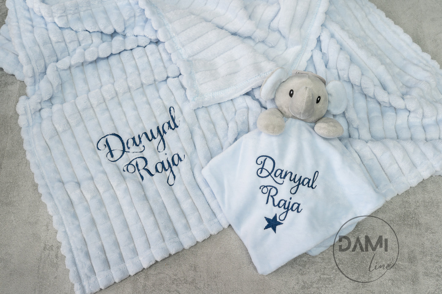 Personalised blue baby blanket and elephant comforter gift set for boy