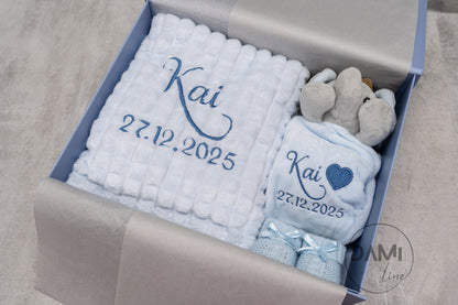 Personalised Baby Boy Gift Set – Blue Blanket, Elephant Comforter & Knitted Booties
