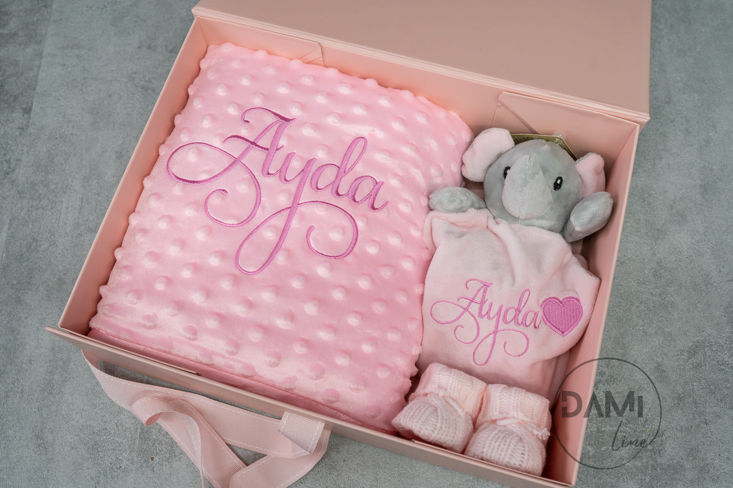 Personalised pink baby blanket, elephant comforter and pink booties gift set for baby girl | Baby gift set in box