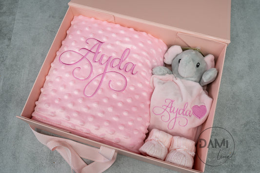 Personalised pink baby blanket, elephant comforter and pink booties gift set for baby girl | Baby gift set in box