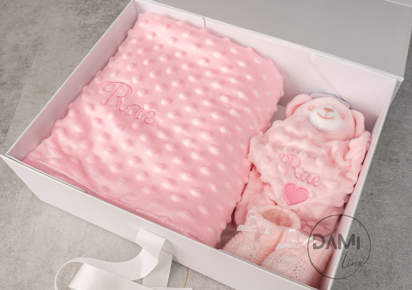 Personalised pink baby blanket, bear comforter and pink booties gift set for baby girl