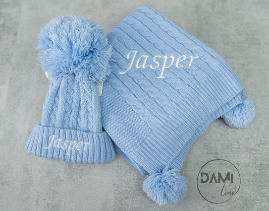 Personalised baby knitted blanket and knitted hat gift set - PINK or BLUE AVAILABLE