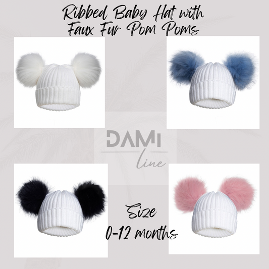 Ribbed Baby Hat with Faux Fur Pom Poms – NB–12 Months