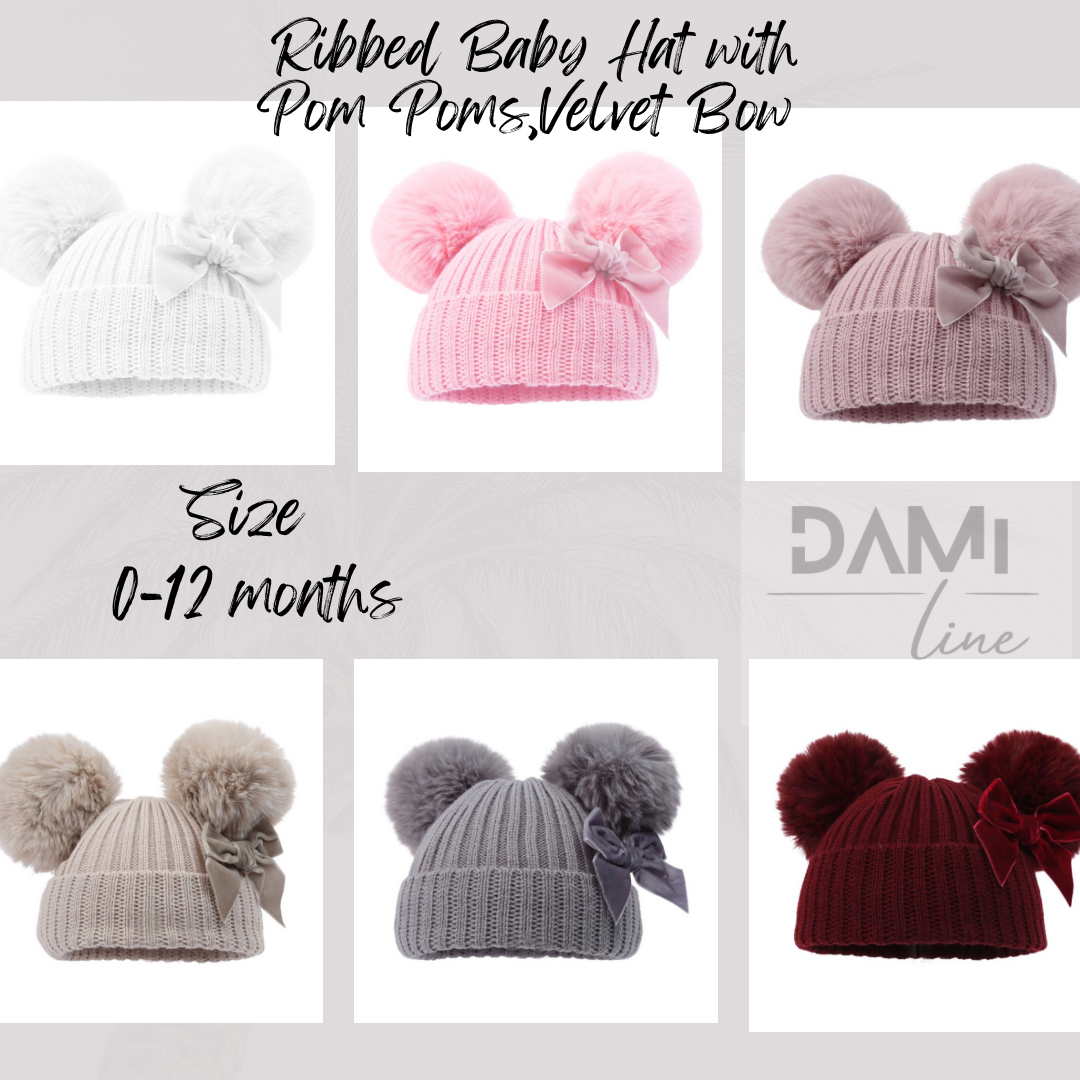 Ribbed Baby Hat with Pom Poms, Turnover & Velvet Bow
